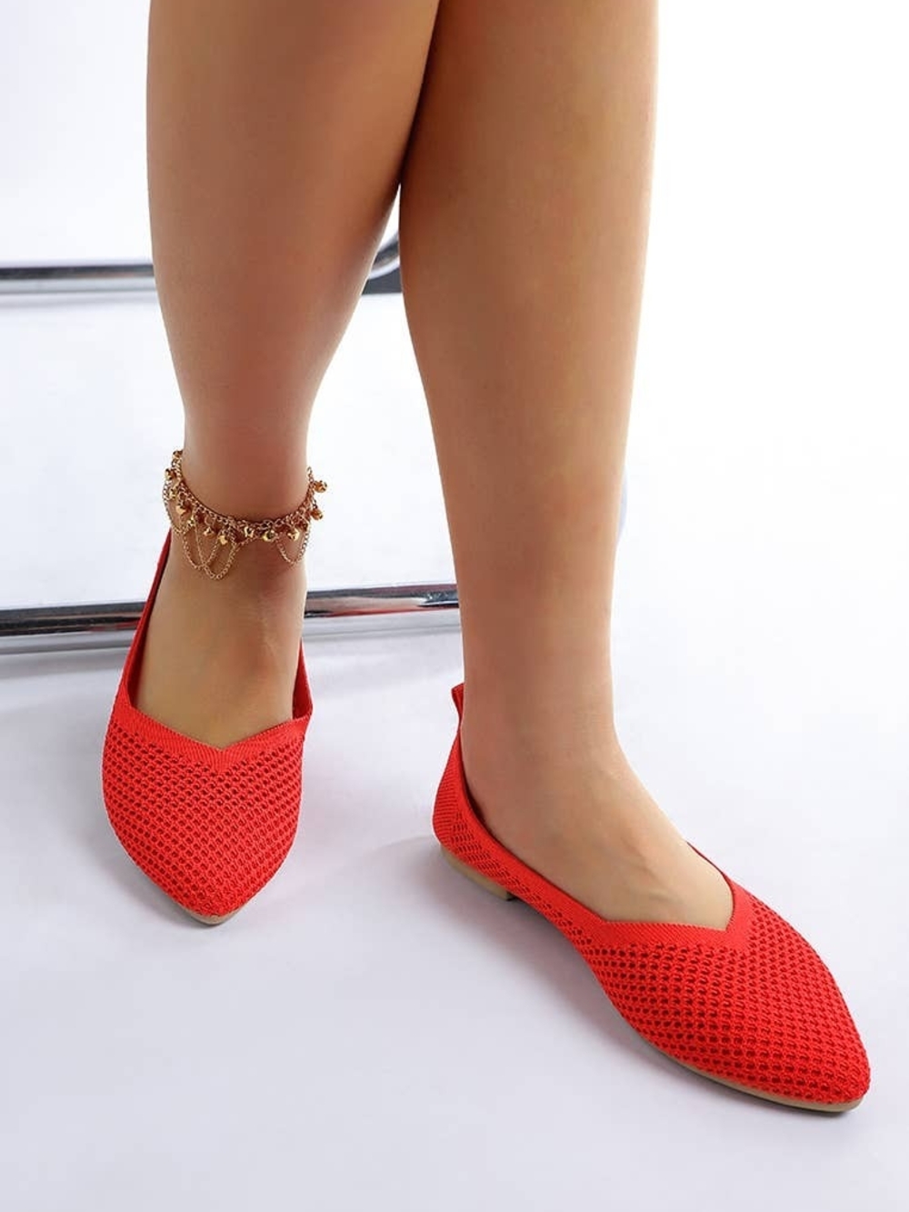London Rag Women’s Red Pointed Knit Flats - Lightweight Everyday Slip-Ons